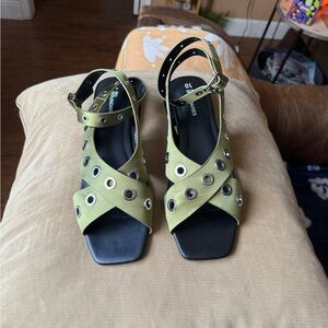 No Boundaries satin green sandals with wrap around buckle detail